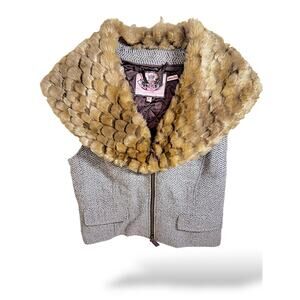 Vintage Juicy Couture XL Herringbone Tweed Vest Faux Fur Collar Y2K Glam